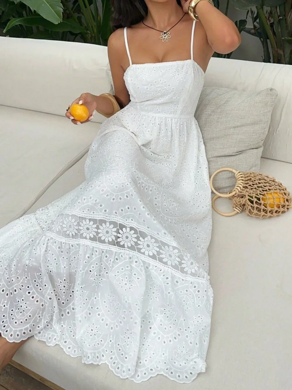 White Boho Women's Slim-Fit Double Shoulder Strap Strapless Dress